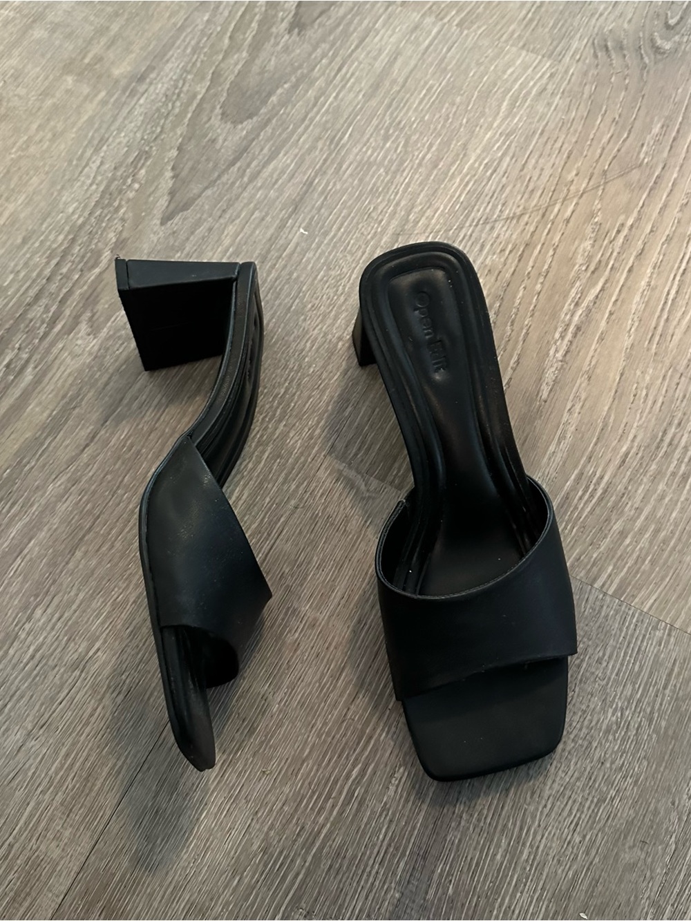 Open Edit Black Square Toe Block Heel Women's Mules Leather Slip On 7M